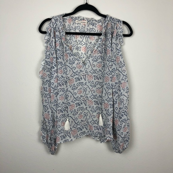 Ulla Johnson Dunia Floral Cold Shoulder Silk Tassel Blouse Casual Printed - Picture 2 of 7